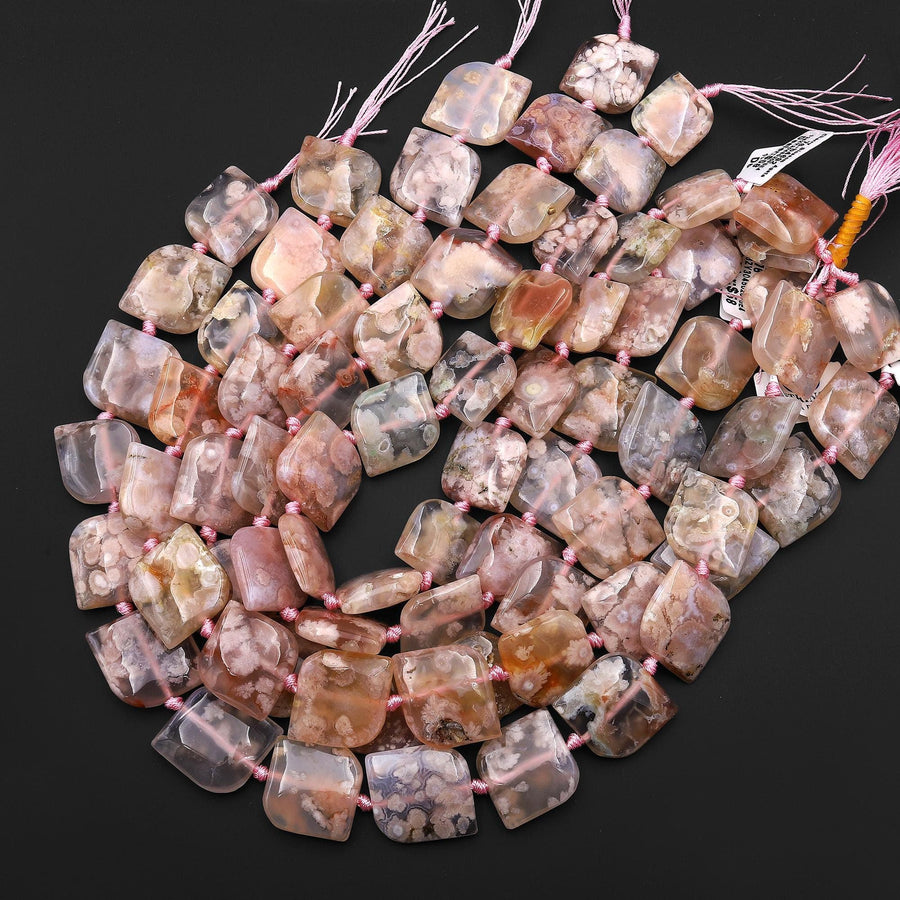 AAA Large Natural Cherry Blossom Flower Agate Wavy Rounded Square Cushion Beads 15.5" Strand