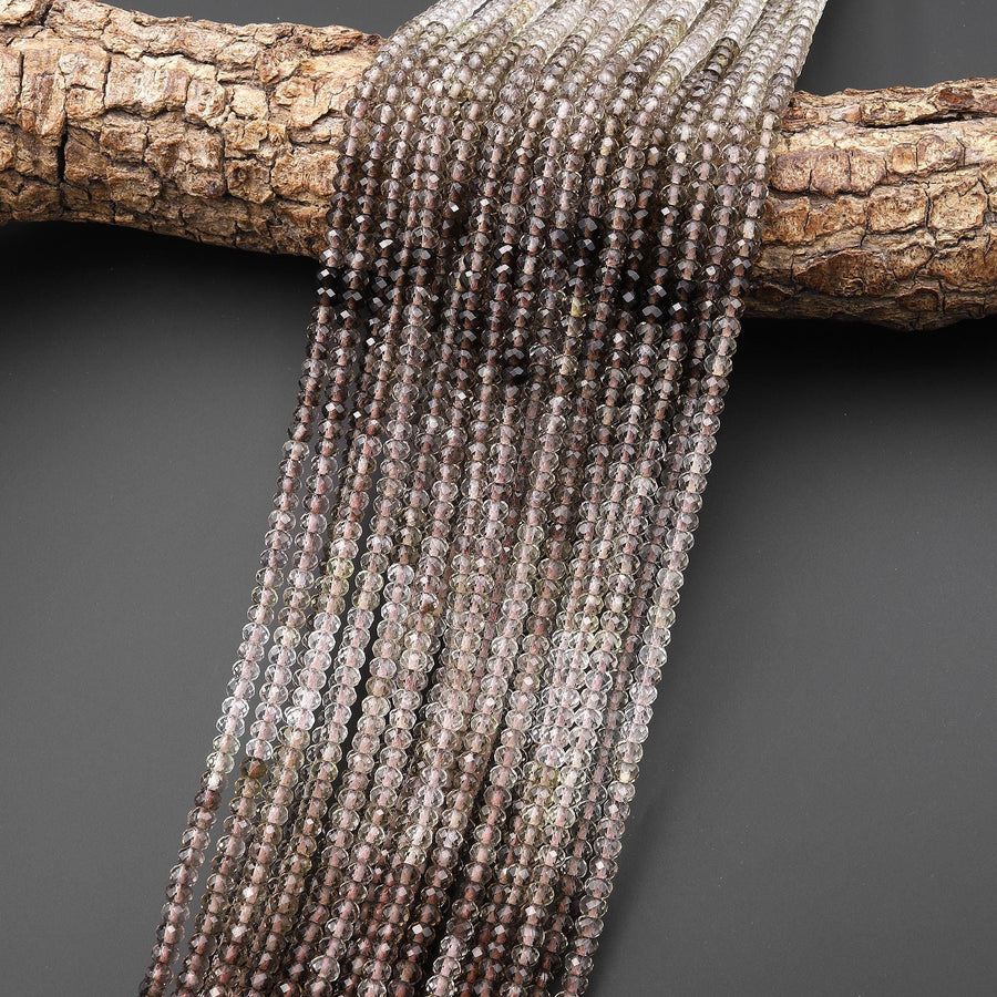 AAA Faceted Smoky Quartz Rondelle Beads 4mm Ombre Gemstone 15.5" Strand