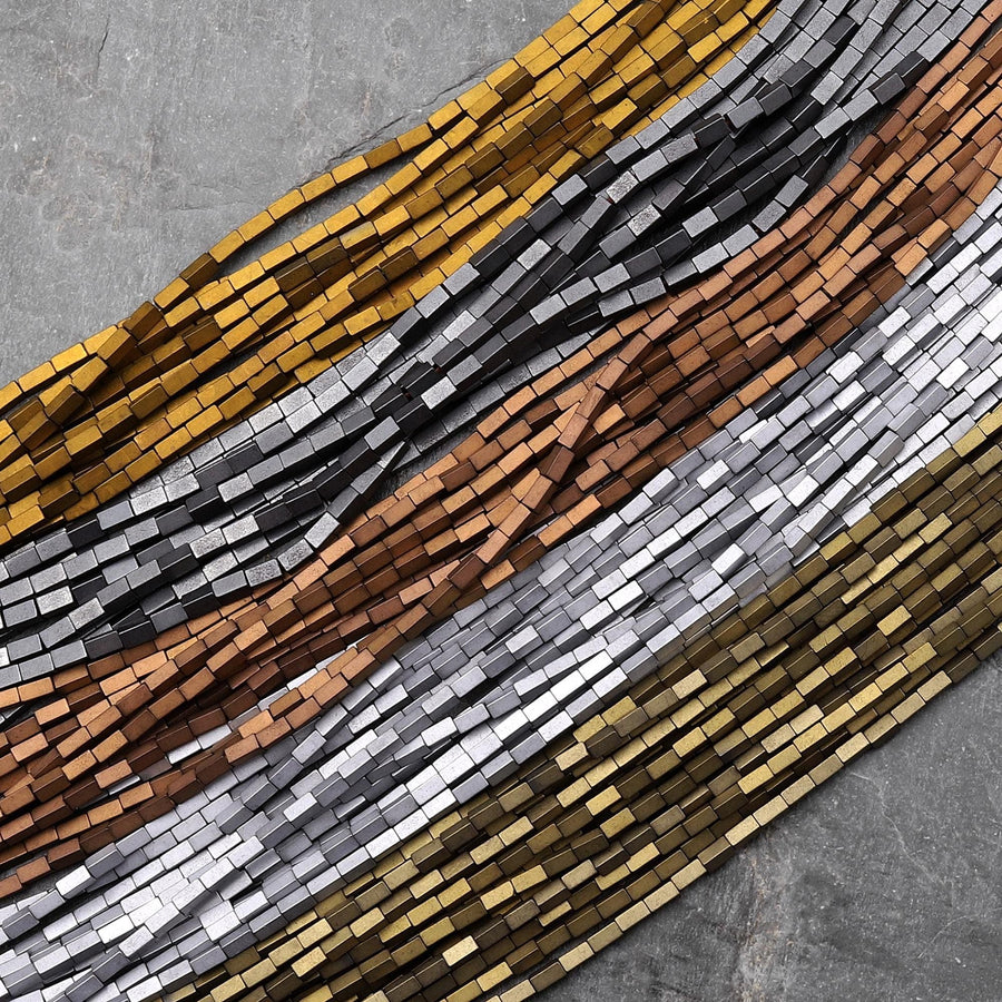 Matte Titanium Hematite 3x1mm 4x2mm Rectangle Beads Silver Gold Bronze Black Champagne Colors 15.5" Strand