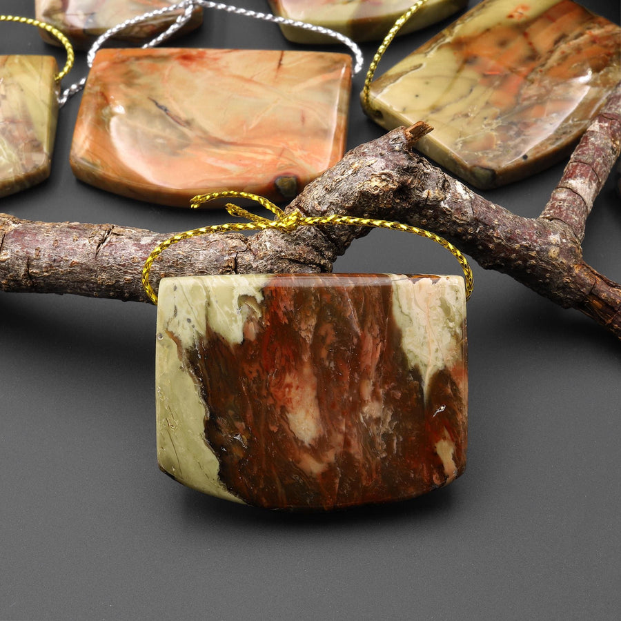From Oregon USA Natural Carrasite Jasper Saddle Locket Pendant Earthy Green Peach Pink Orange Brown American Gemstone