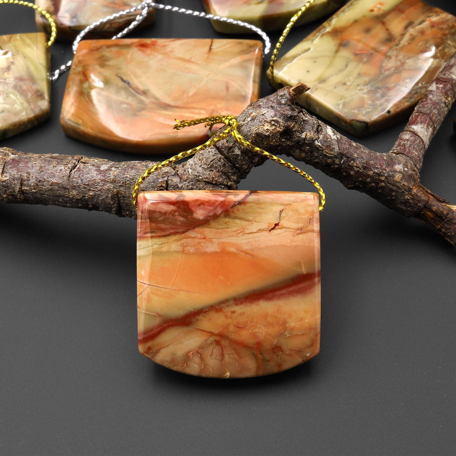 From Oregon USA Natural Carrasite Jasper Saddle Locket Pendant Earthy Green Peach Pink Orange Brown American Gemstone