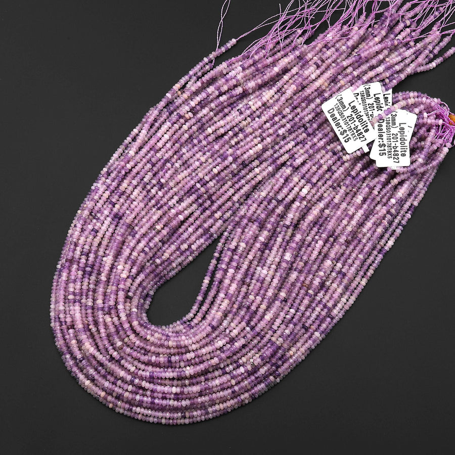 Natural Light Lilac Purple Lepidolite Faceted 3mm Thin Rondelle Beads Gemstone 15.5" Strand B4287