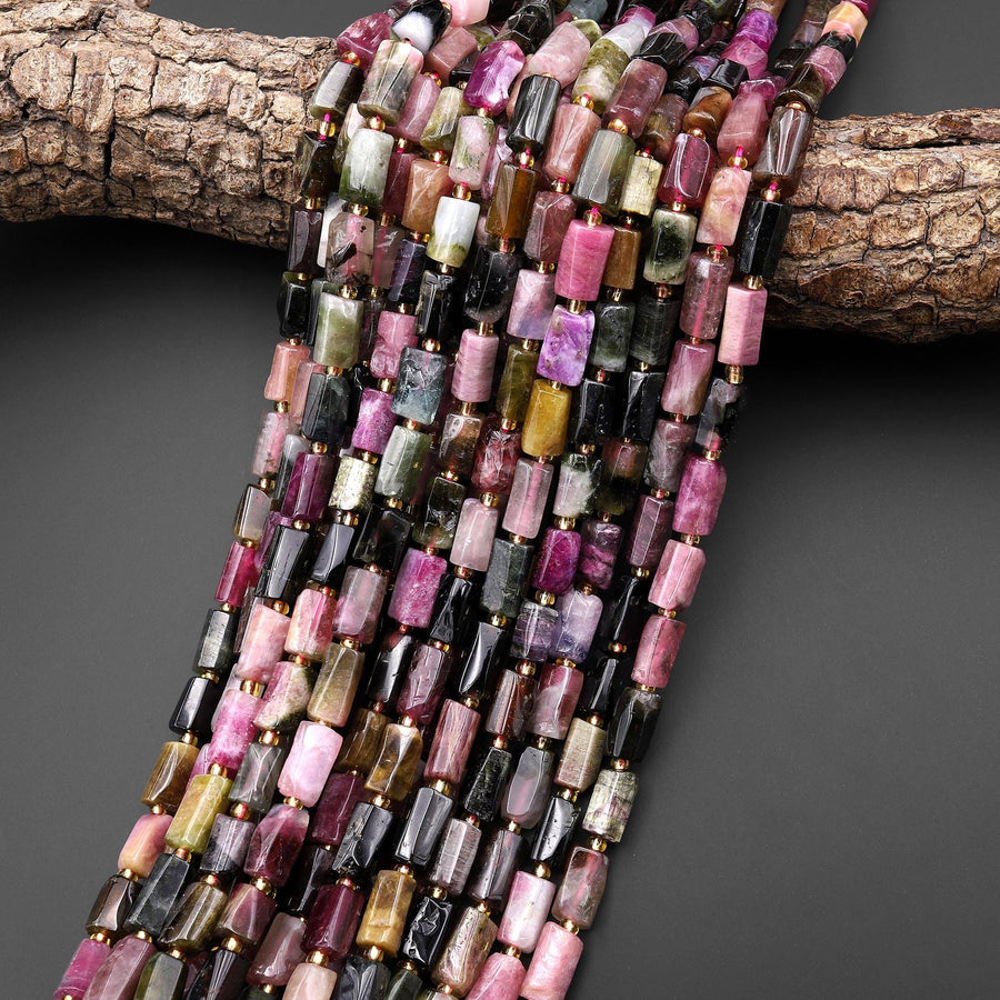 Natural Pink Green Tourmaline Tube Beads Gemstone 15.5" Strand