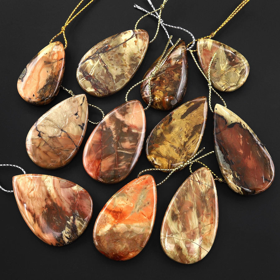 From Oregon USA Natural Carrasite Jasper Teardrop Pendant Earthy Green Peach Pink Orange Brown American Gemstone