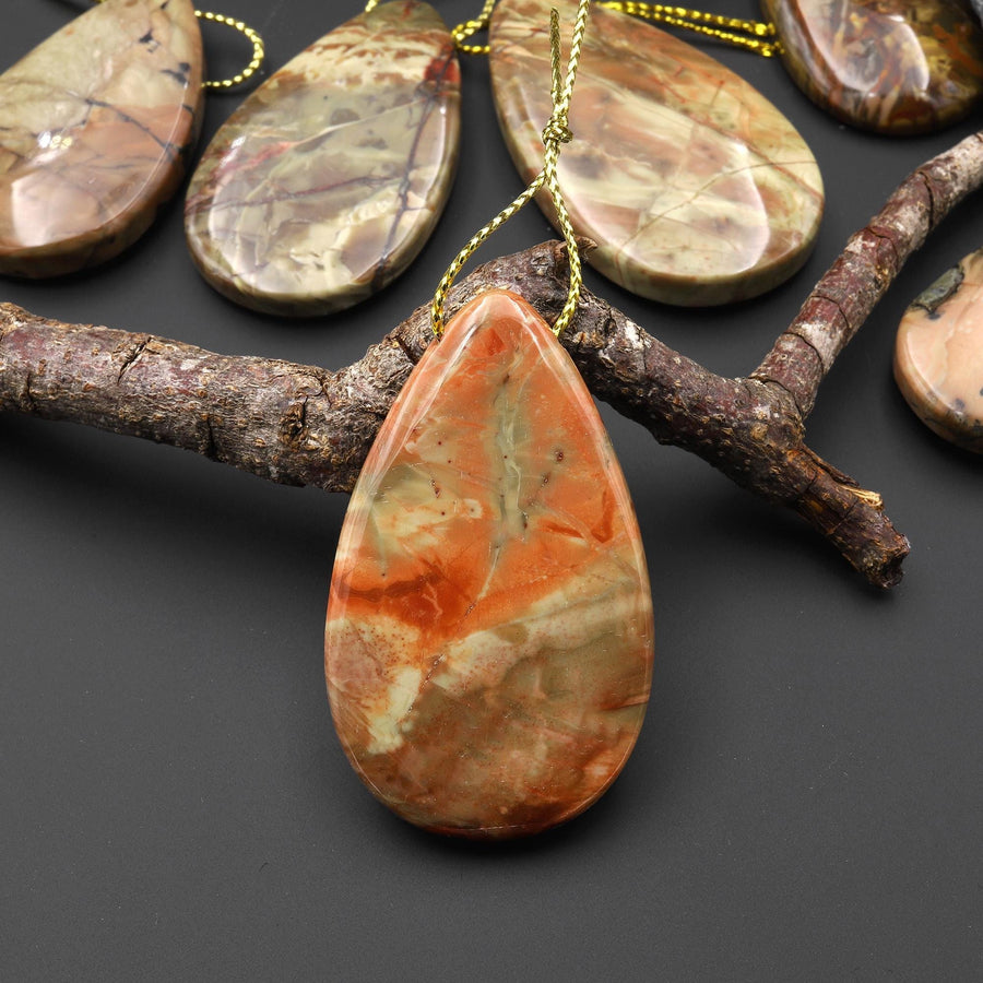 From Oregon USA Natural Carrasite Jasper Teardrop Pendant Earthy Green Peach Pink Orange Brown American Gemstone A3