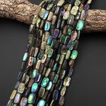 Genuine Natural Abalone Shell Smooth Rounded Rectangle Nugget Beads Iridescent Rainbow Glow Blue Green 15.5" Strand b2535