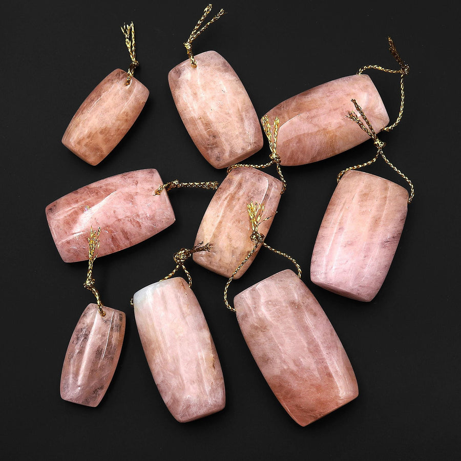 Natural Peach Pink Morganite Rectangle Drum Pendant Pink Beryl Aquamarine Drilled Gemstone Pendant Bead
