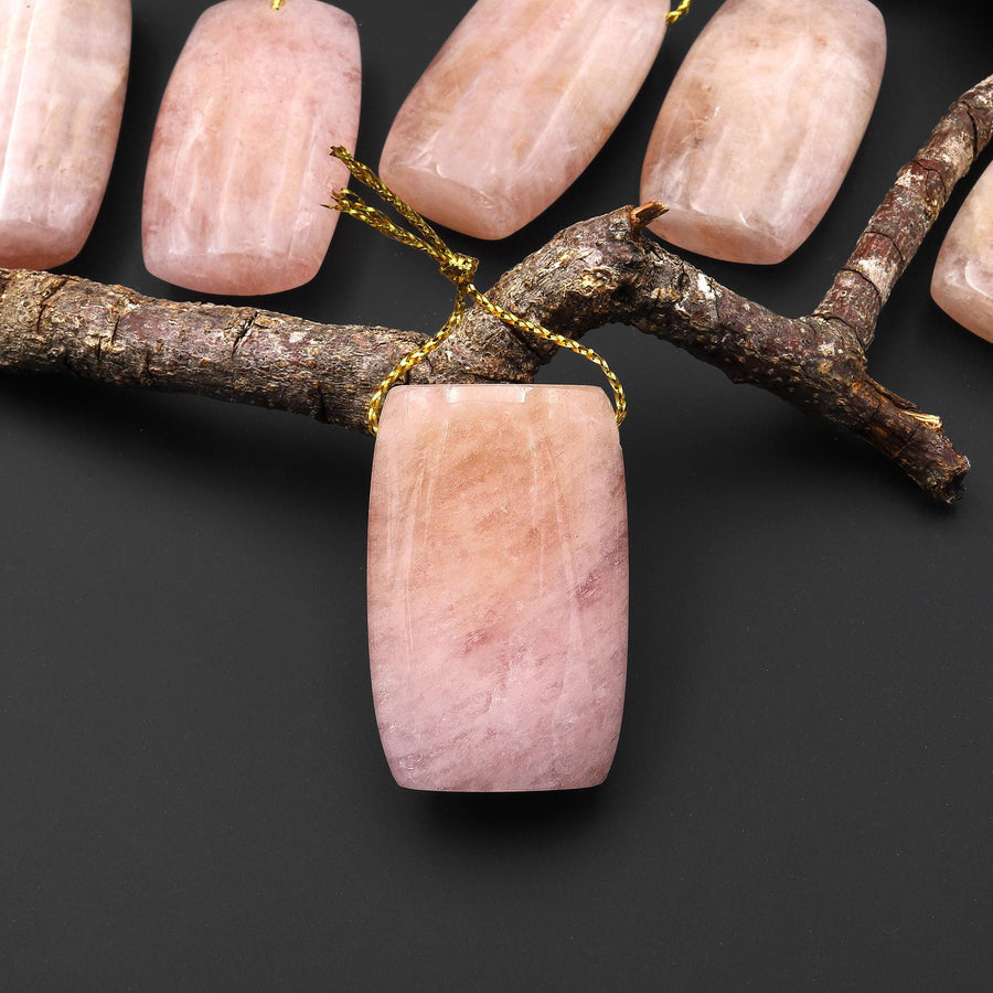 Natural Peach Pink Morganite Rectangle Drum Pendant Pink Beryl Aquamarine Drilled Gemstone Pendant Bead A2