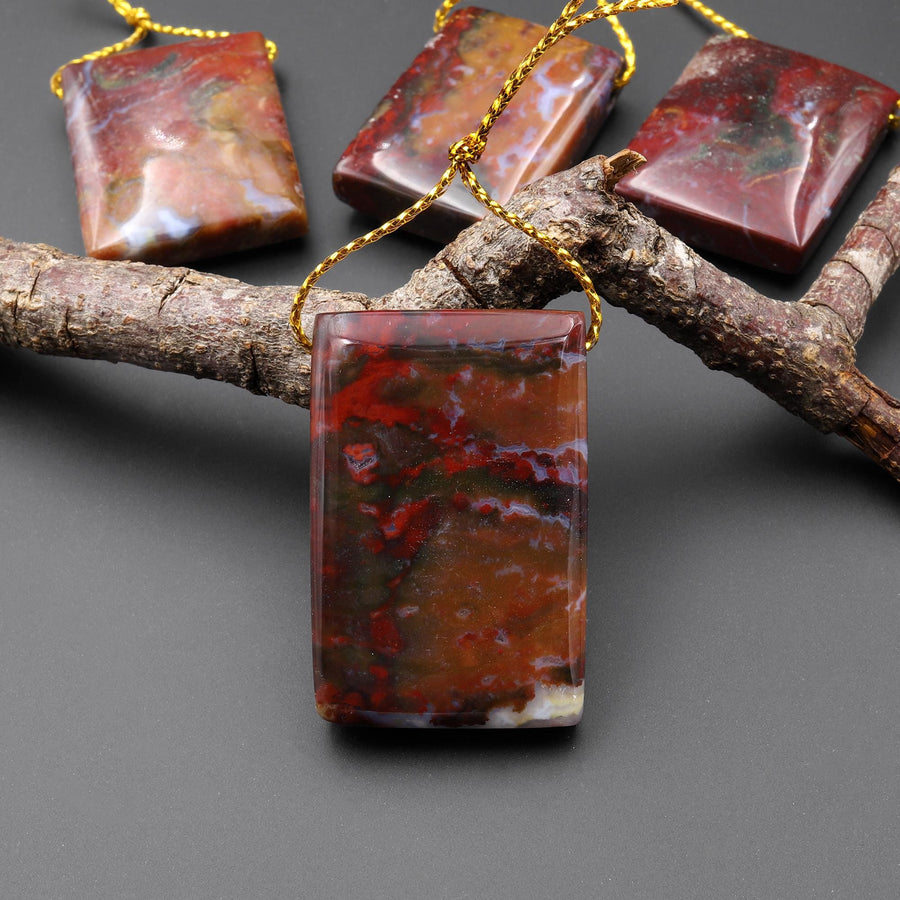 From Oregon USA Natural Marston Agate Ranch Jasper Rectangle Side Drilled Pendant Earthy Green Red Brown American Gemstone