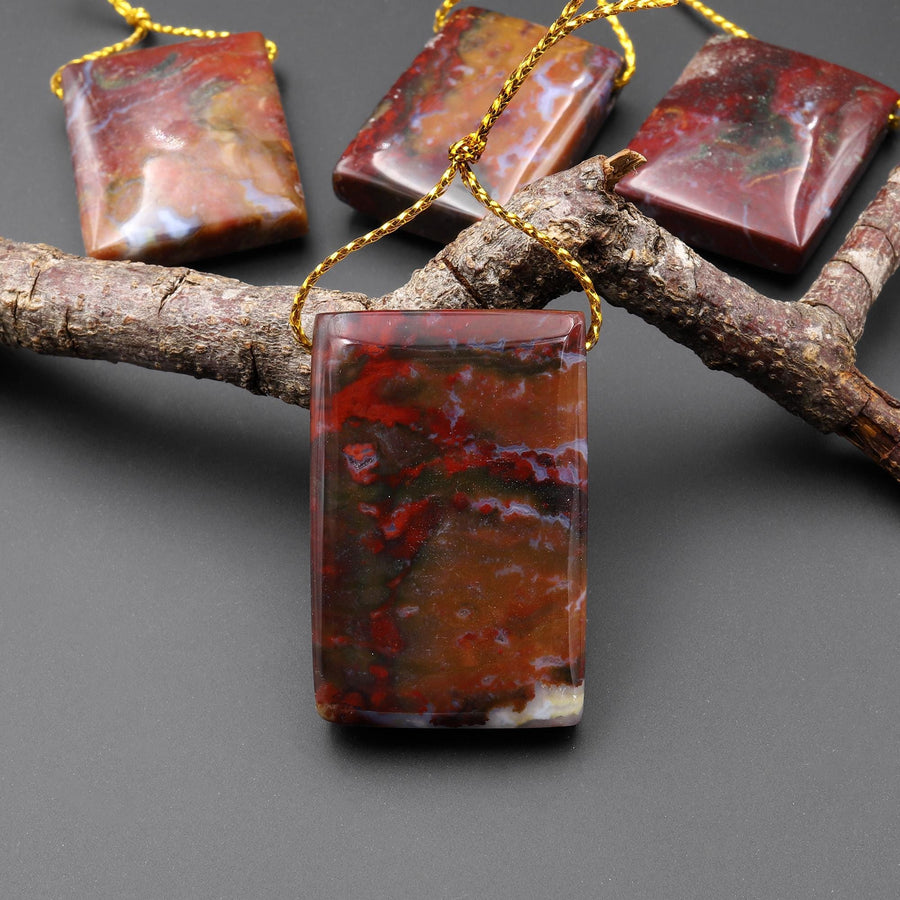From Oregon USA Natural Marston Agate Ranch Jasper Rectangle Side Drilled Pendant Earthy Green Red Brown American Gemstone A2