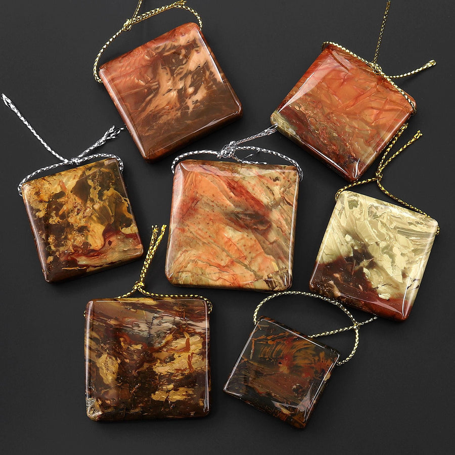 From Oregon USA Natural Carrasite Jasper Square Pendant Earthy Pink Peach Green Orange Brown American Gemstone
