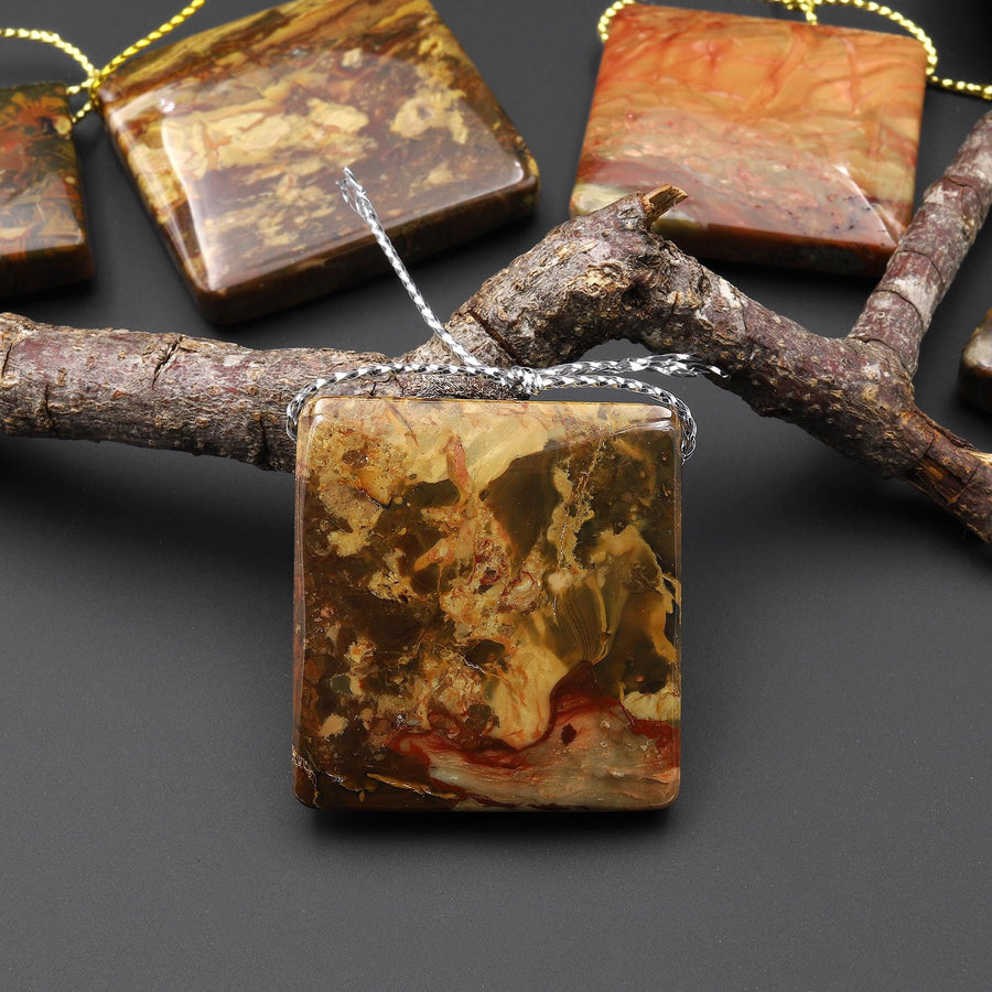 From Oregon USA Natural Carrasite Jasper Square Pendant Earthy Pink Peach Green Orange Brown American Gemstone A5