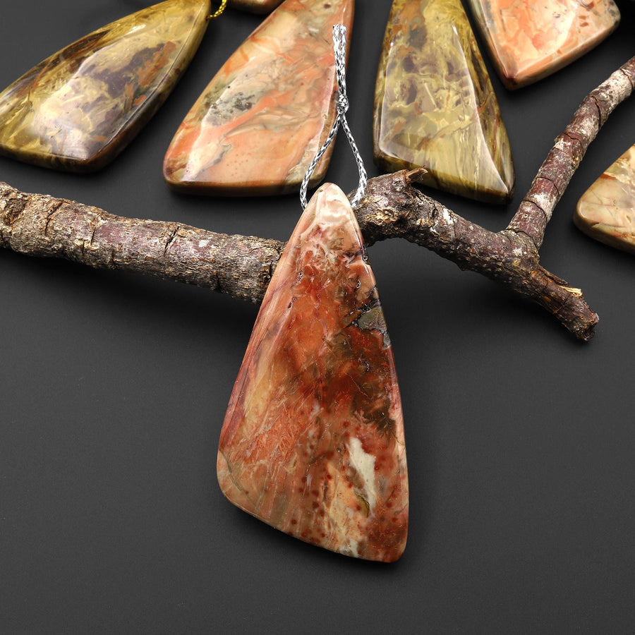 From Oregon USA Natural Carrasite Jasper Abstract Butterfly Wing Triangle Pendant Earthy Pink Peach Green Orange Brown American Gemstone A1