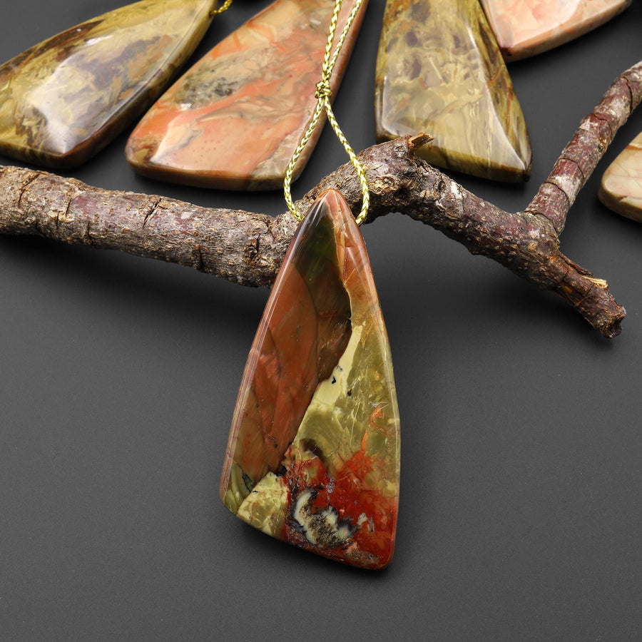 From Oregon USA Natural Carrasite Jasper Abstract Butterfly Wing Triangle Pendant Earthy Pink Peach Green Orange Brown American Gemstone A4