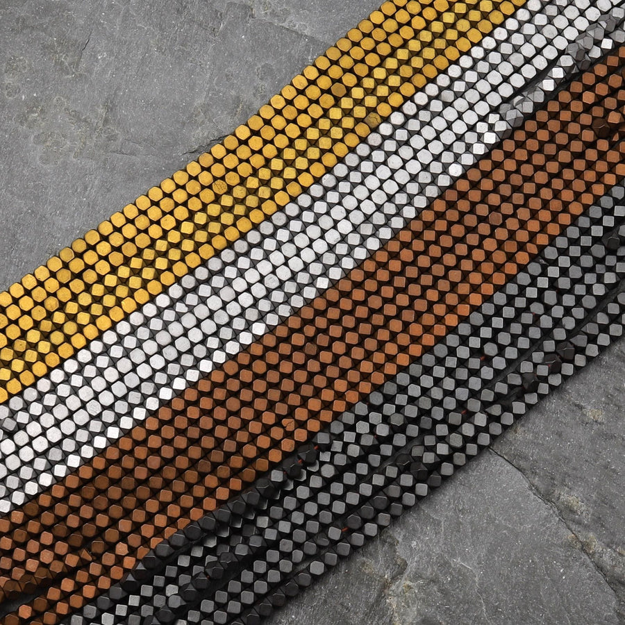 Matte Titanium Hematite 2mm 3mm 4mm Geometric Hexagon Honeycomb Cube Beads Silver Gold Bronze Black 15.5" Strand
