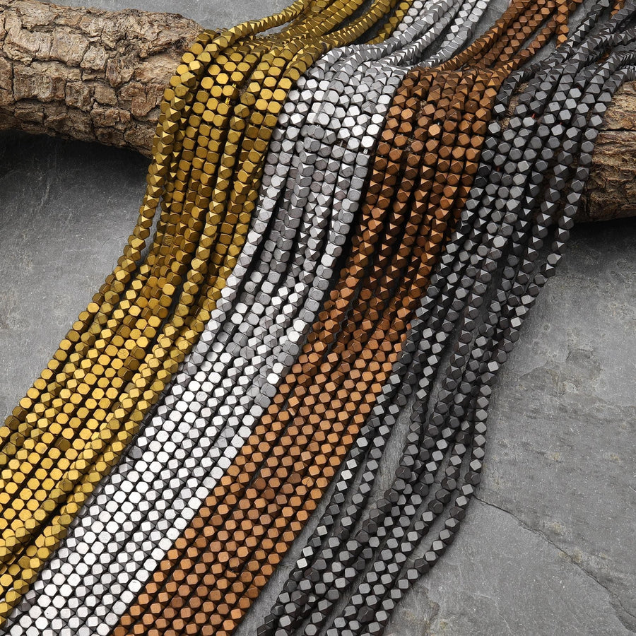 Matte Titanium Hematite 2mm 3mm 4mm Geometric Hexagon Honeycomb Cube Beads Silver Gold Bronze Black 15.5" Strand