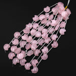 Natural Pink Rose Quartz Hand Carved Puffy Crescent Moon Gemstone Beads 22x20mm Vertically Drilled 8" Strand