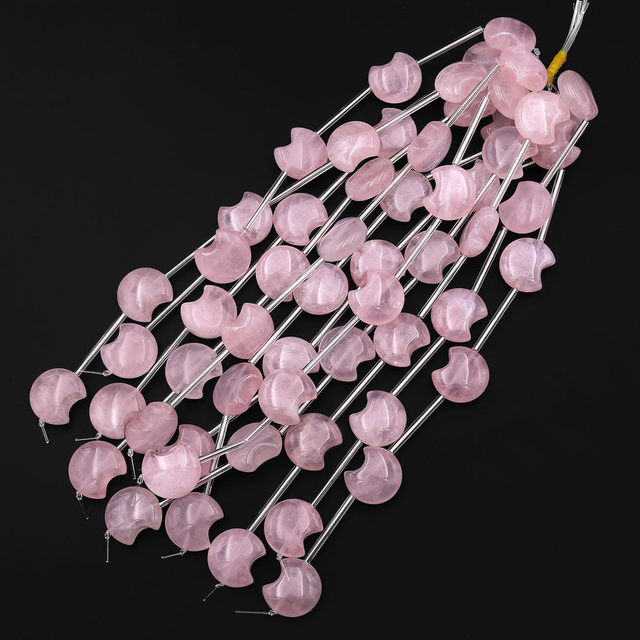 Natural Pink Rose Quartz Hand Carved Puffy Crescent Moon Gemstone Beads 22x20mm Vertically Drilled 8" Strand