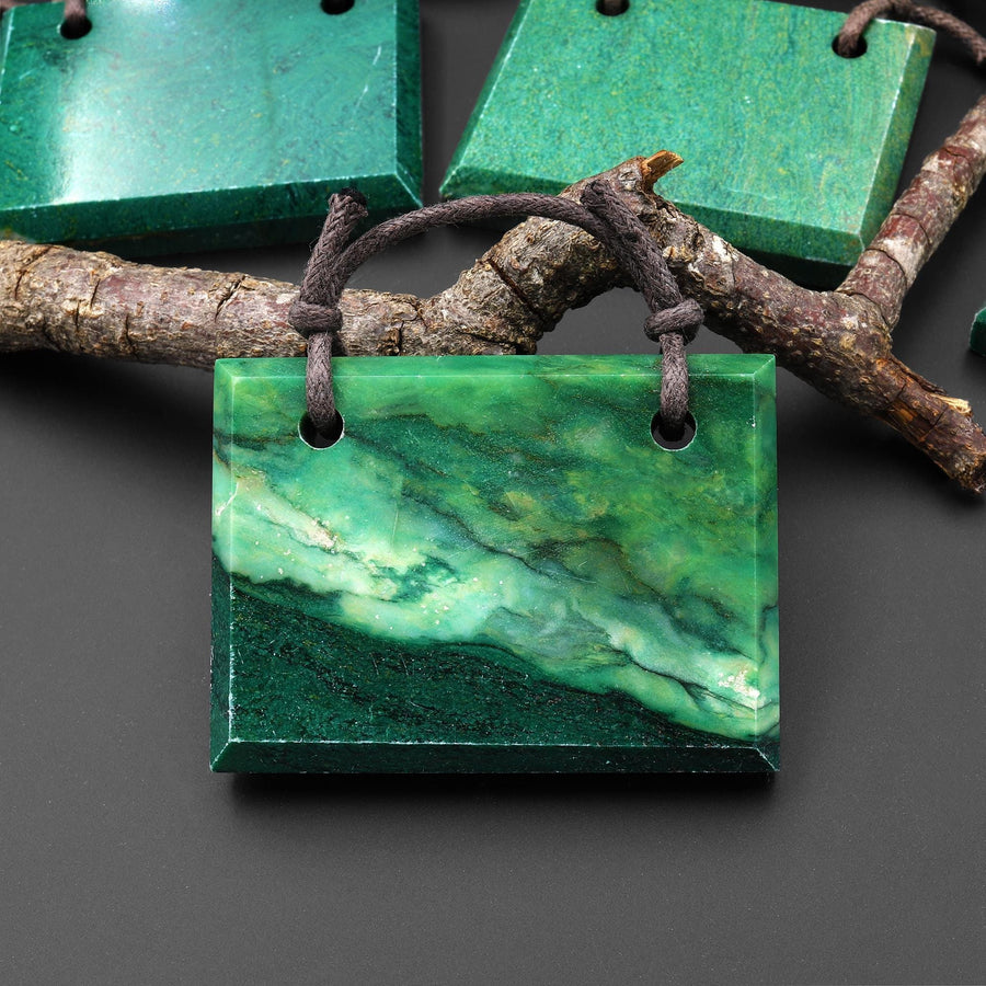2 Two Hole Pendant Natural African Green Jade Faceted Rectangle Tile Gemstone