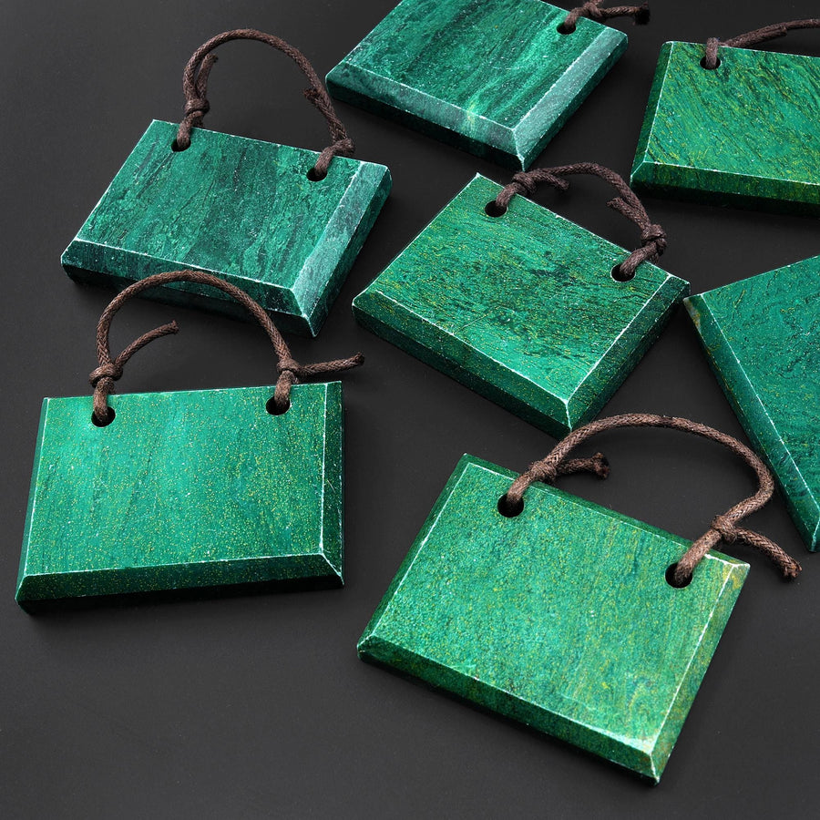 2 Two Hole Pendant Natural African Green Jade Faceted Rectangle Tile Gemstone
