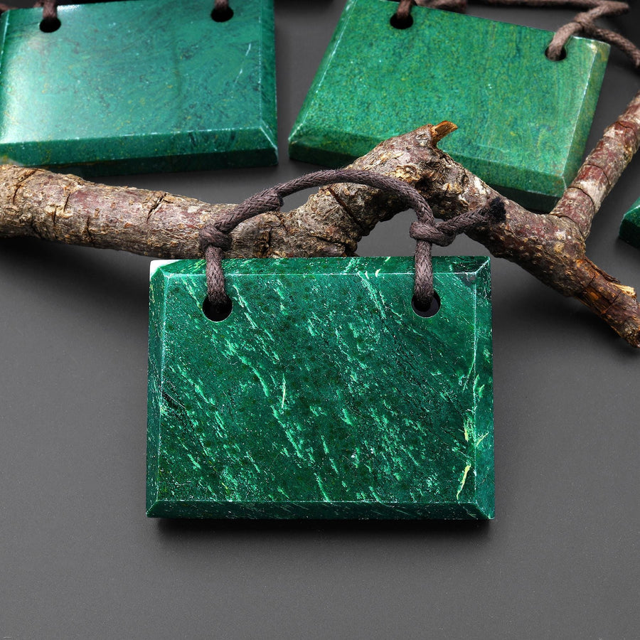 2 Two Hole Pendant Natural African Green Jade Faceted Rectangle Tile Gemstone A2