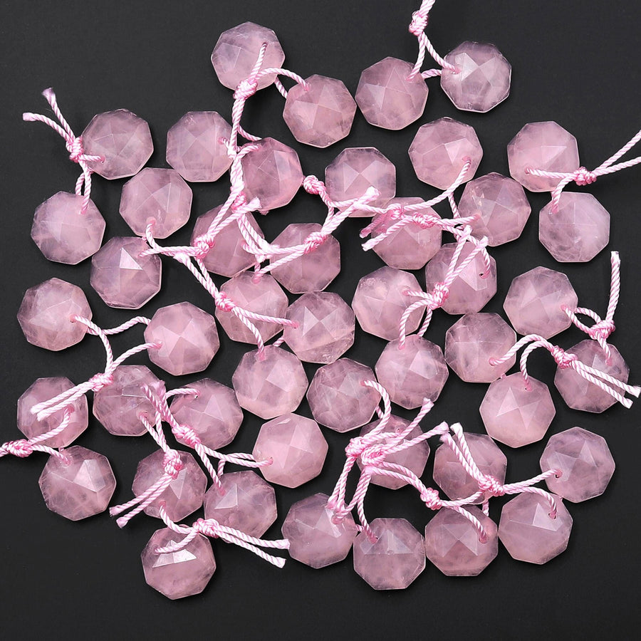 Natural Natural Pink Rose Quartz Faceted Geometric Round Octagon Coin Disc 12mm Earring Pair Matched Gemstones