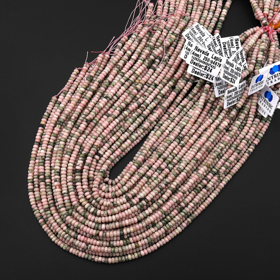 Rare Natural Nevada Lapis 4mm Smooth Rondelle Beads Genuine Natural Pink Green Lapis From Nevada Native Amercan Gemstone 15.5" Strand