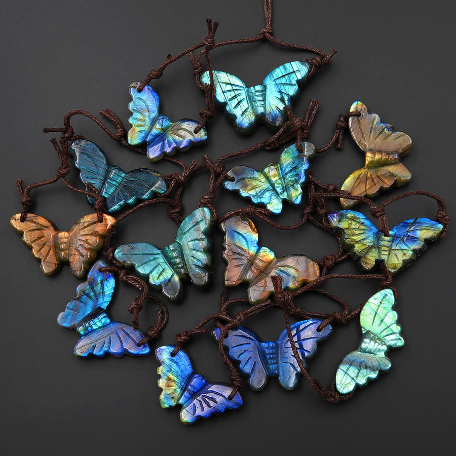 AAA Hand Carved Natural Labradorite Butterfly Pendant 2 Two Hole Gemstone Focal Bead