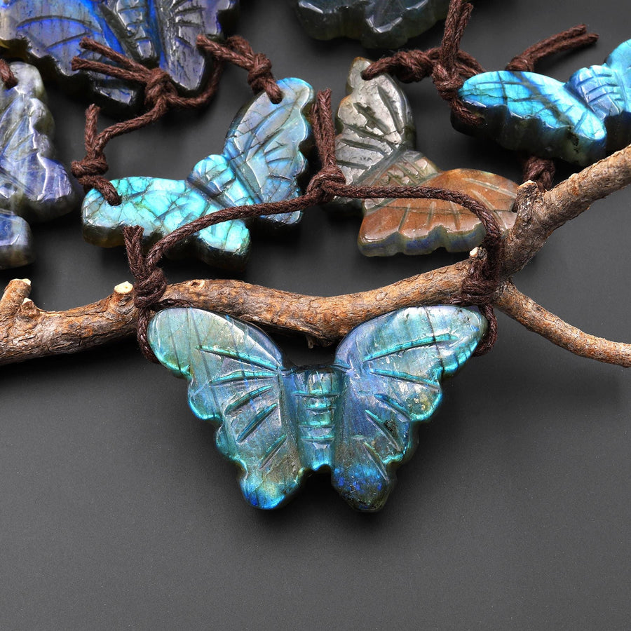 AAA Hand Carved Natural Labradorite Butterfly Pendant 2 Two Hole Gemstone Focal Bead