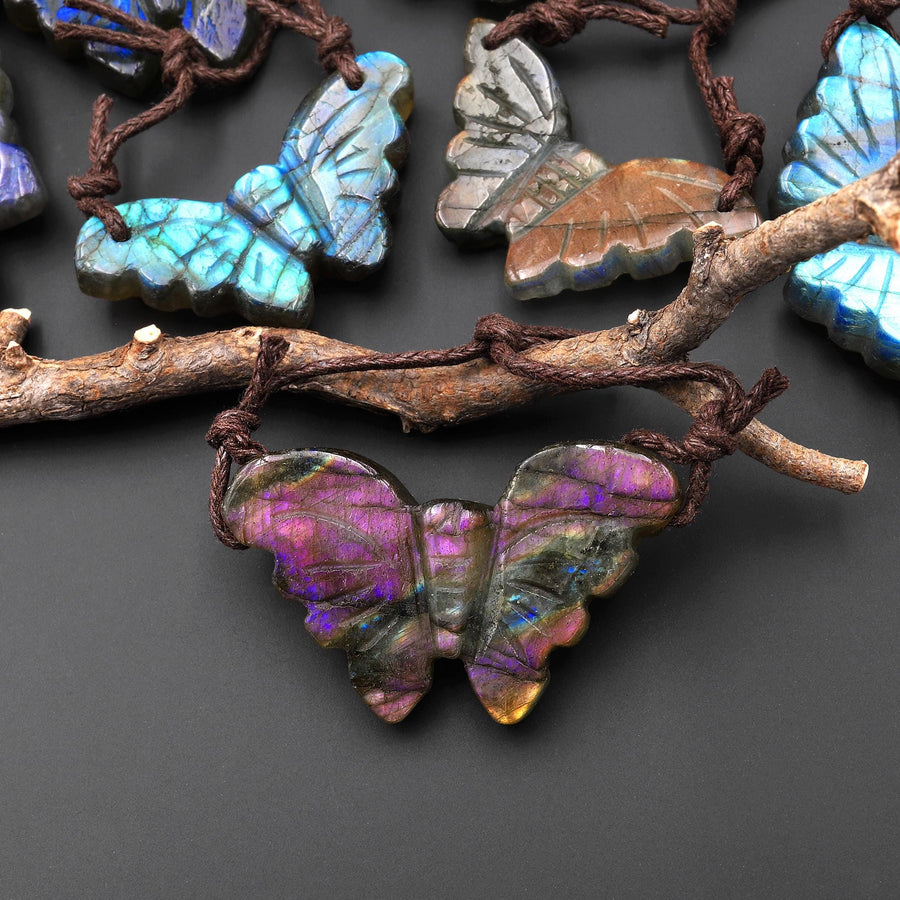 AAA Hand Carved Natural Labradorite Butterfly Pendant 2 Two Hole Gemstone Focal Bead