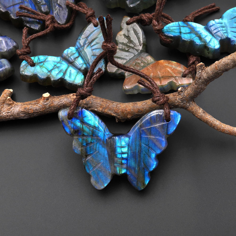 AAA Hand Carved Natural Labradorite Butterfly Pendant 2 Two Hole Gemstone Focal Bead