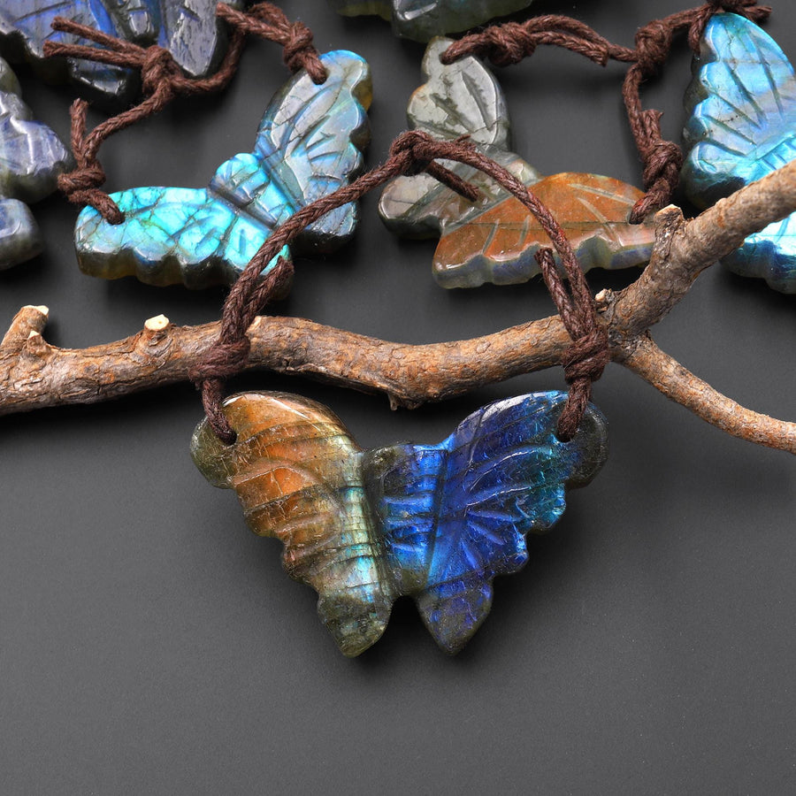 AAA Hand Carved Natural Labradorite Butterfly Pendant 2 Two Hole Gemstone Focal Bead A4