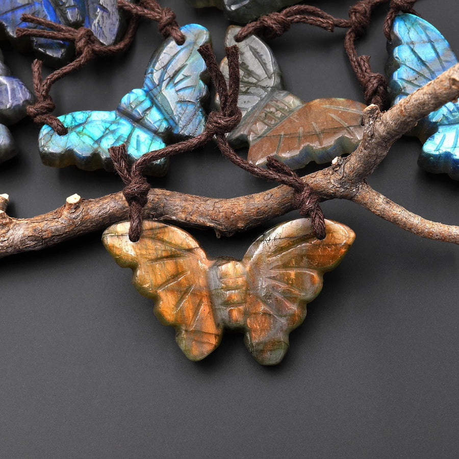 AAA Hand Carved Natural Labradorite Butterfly Pendant 2 Two Hole Gemstone Focal Bead A6