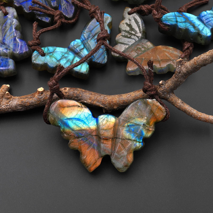 AAA Hand Carved Natural Labradorite Butterfly Pendant 2 Two Hole Gemstone Focal Bead A7