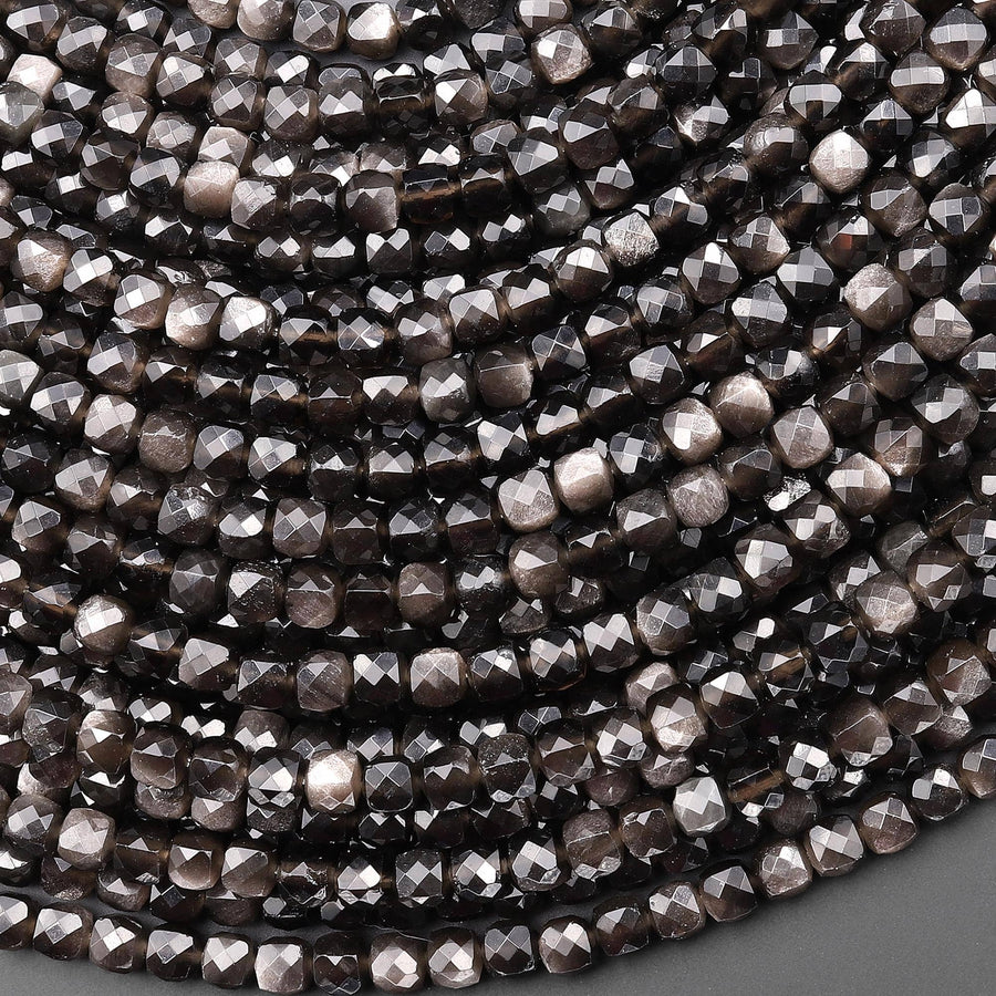 AAA Natural Silver Obsidian Faceted 4mm Cube Beads 15.5" Strand