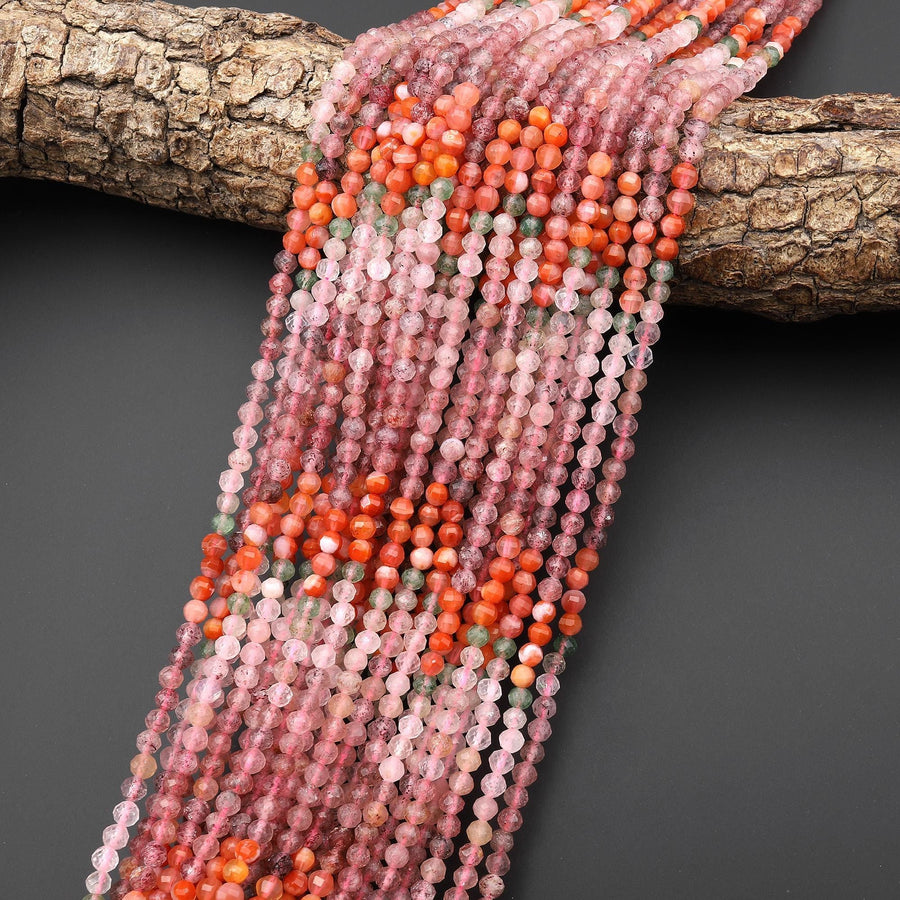 Faceted Multicolor Mixed Gemstone Round Beads 4mm Rose Quartz Strawberry Quartz Red Agate Green Chalcedony 15.5" Strand