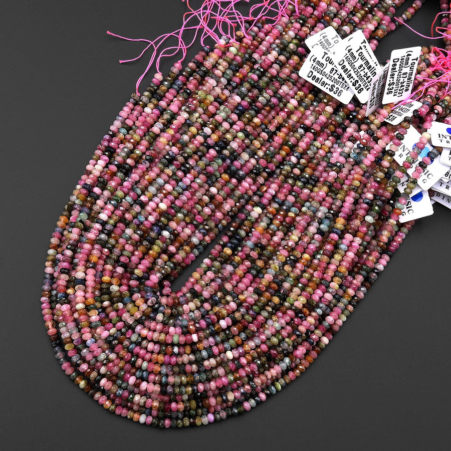 Faceted Natural Multicolor Tourmaline 4mm Rondelle Beads Pink Green Blue Gemstone 15.5" Strand