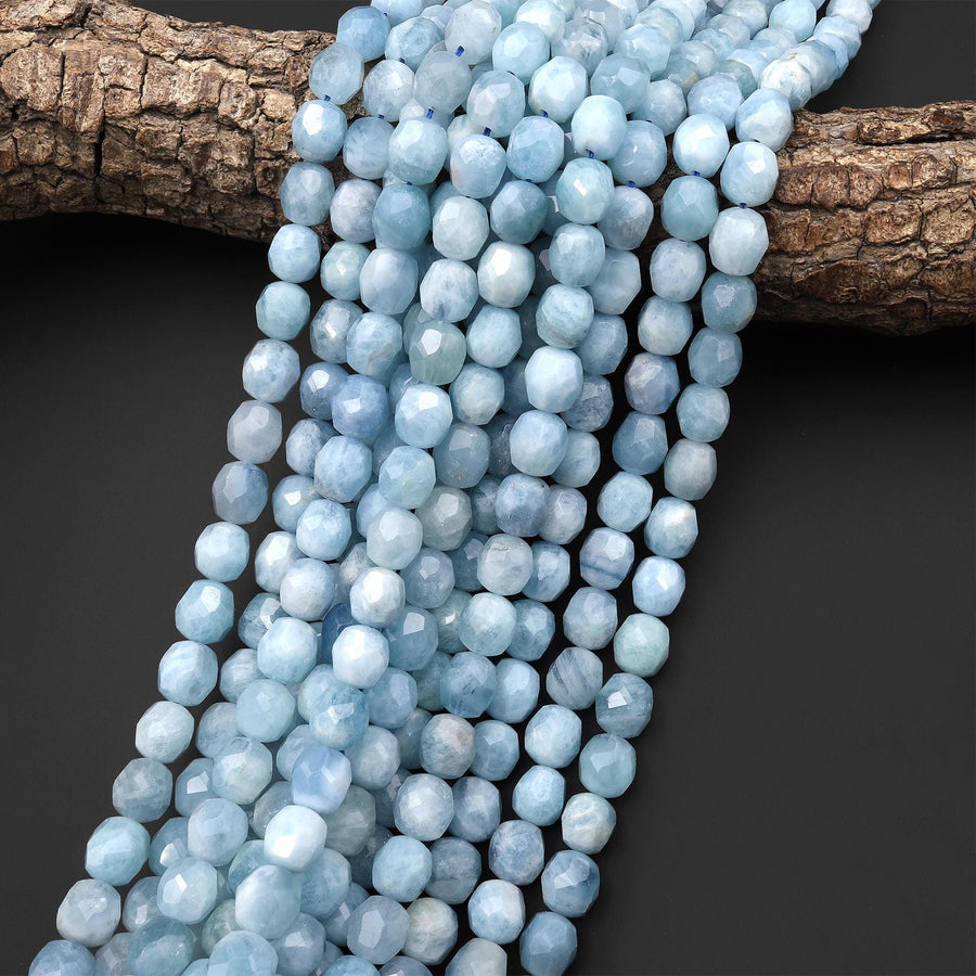 AAA Faceted Natural Blue Aquamarine Barrel Nugget Beads 10mm 15.5" Strand