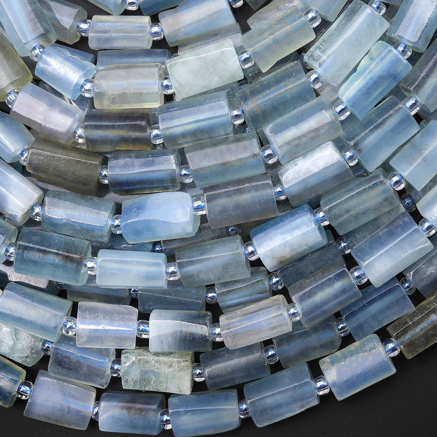 Translucent Natural Santa Maria Blue Aquamarine Tube Beads Gemstone 15.5" Strand