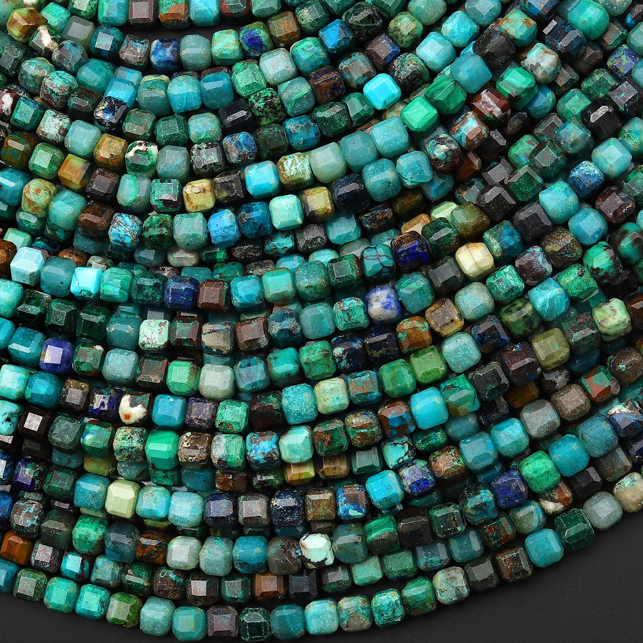 AAA Faceted Natural Chrysocolla Azurite 4mm Cube Gemstone 15.5" Strand