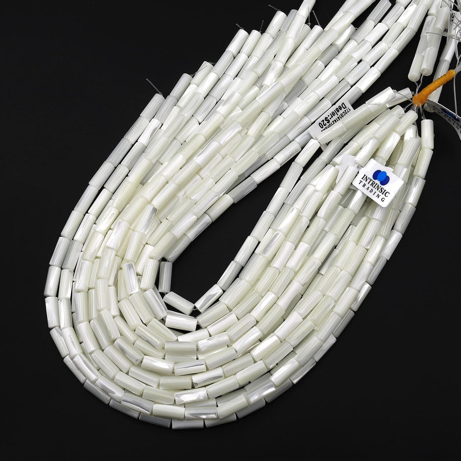 AAA Natural White Mother of Pearl 6x14mm Tube Cylinder Beads 15.5" Strand