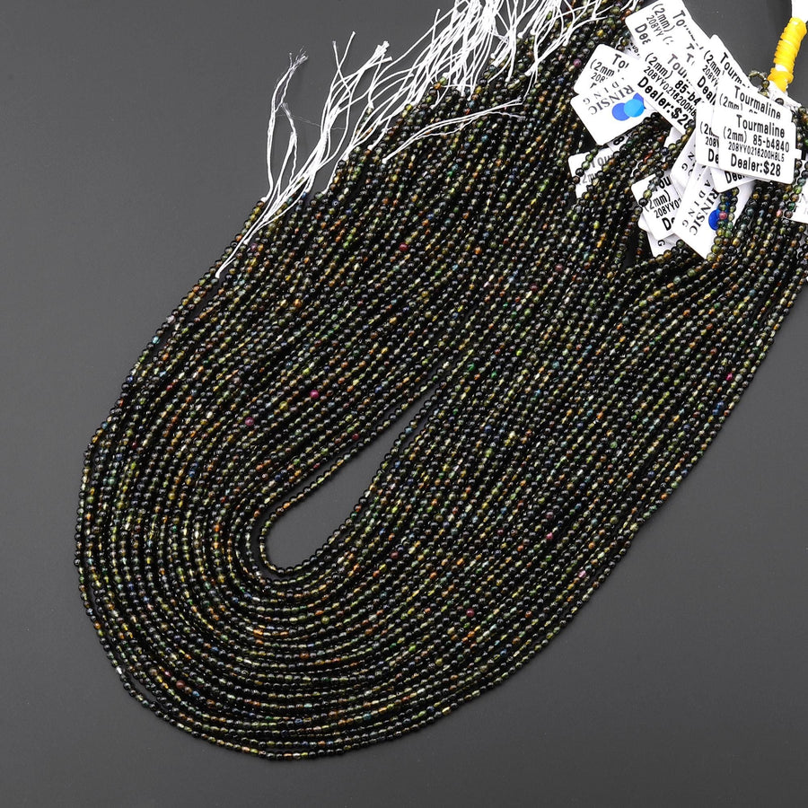 AAA Natural Black Blue Green Tourmaline 2mm Smooth Round Beads 15.5" Strand