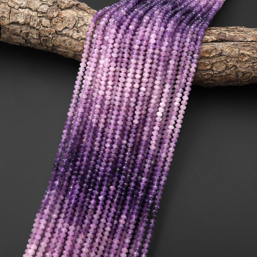 AAA Natural Lilac Purple Lepidolite Faceted 3mm 4mm Rondelle Beads Ombre Gemstone 15.5" Strand