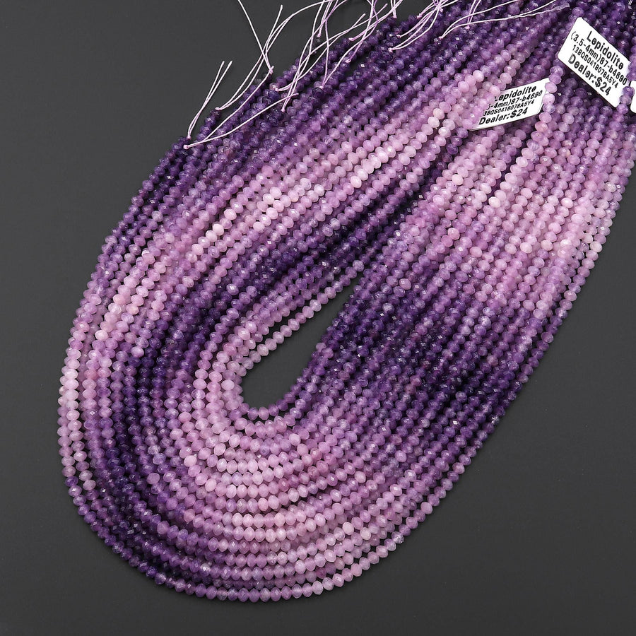 AAA Natural Lilac Purple Lepidolite Faceted 3mm 4mm Rondelle Beads Ombre Gemstone 15.5" Strand