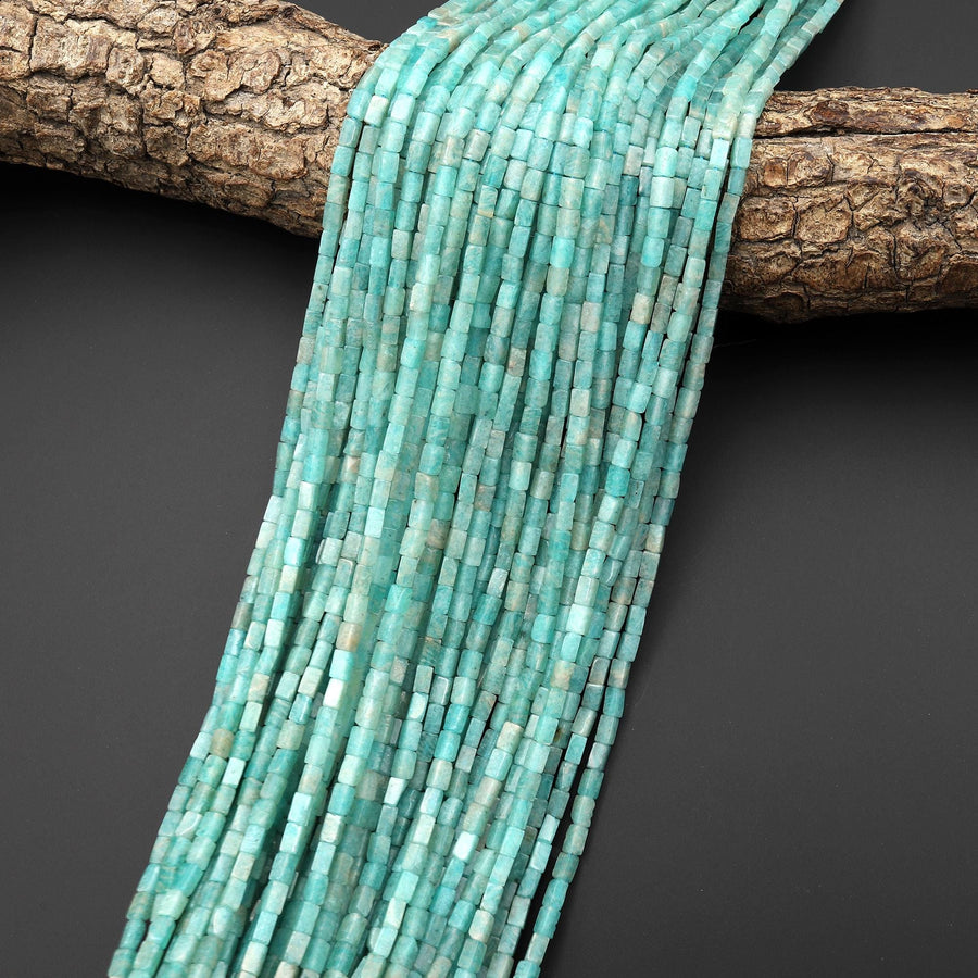 Natural Peruvian Aqua Blue Green Amazonite 4x2mm Long Thin Rectangle Tube Beads Gemstone 15.5" Strand