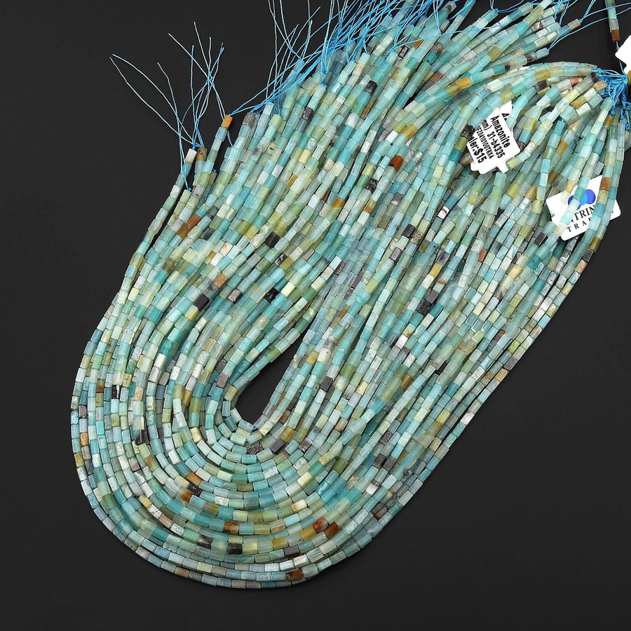 Natural Multicolor Natural Blue Green Golden Amazonite 4x2mm Long Thin Rectangle Tube Beads Gemstone 15.5" Strand