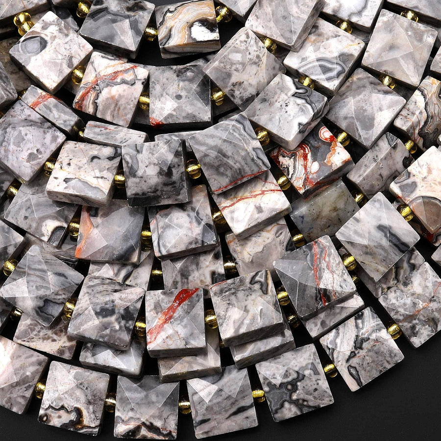 Faceted Natural Gray Map Jasper 10mm Gemstone Square Beads 15.5" Strand