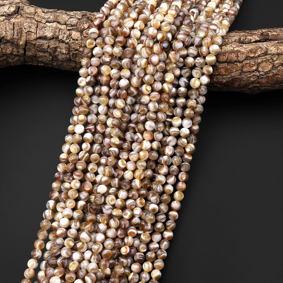 Iridescent Swirly Natural Golden Brown Mother of Pearl Shell Round Beads 6mm 15.5" Strand