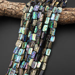 Genuine Natural Abalone Shell Smooth Rounded Rectangle Nugget Beads Iridescent Rainbow Glow Blue Green 15.5" Strand