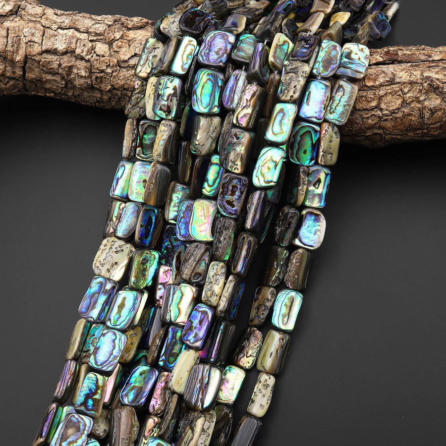 Genuine Natural Abalone Shell Smooth Rounded Rectangle Nugget Beads Iridescent Rainbow Glow Blue Green 15.5" Strand